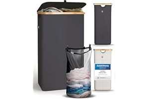HENNEZ Panier a Linge avec Couvercle - Corbeille a Linge Poignée en Bambou - Paniere a Linge Sale Pliable 100 L - Bac a Linge pour Buanderie,Panier à Linge, Gris Fonce