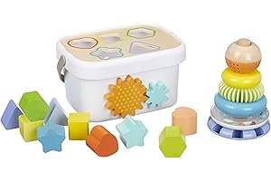 Amazon Basics Set de juguetes clásicos de madera con clasificador de formas y apilador de arcoíris, Multicolor
