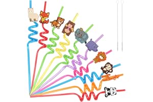 MELEAGER Pajitas para niños, 10 unidades, reutilizables, animales de la selva con cepillo de paja, pajitas de cumpleaños infantiles, pajitas de plástico coloridas como suministros de fiesta para cumpleaños