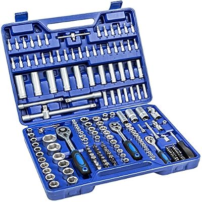 TecTake Kit, Set, Coffret, Boîte, Valise à Outils avec 94 Pièces (Douilles + Outils à Cliquet) Acier Chrome Vanadium Bleu TECTAKE