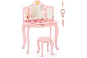 LIFEZEAL Juego de tocador Infantil, Mesa de Maquillaje con Taburete para niña, tocador con 8 Bombillas y Espejo Plegable, Set de Mesa y Silla con cajón