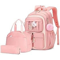 Amythe Schooltas voor meisjes, rugzak voor kinderen, 3-delige schoolrugzak van nylon met lunchpakket, mapje, casual schooltas, ademend, voor school, reizen, 1-5e klas, roze, 33x17x44 cm, Stijlvol