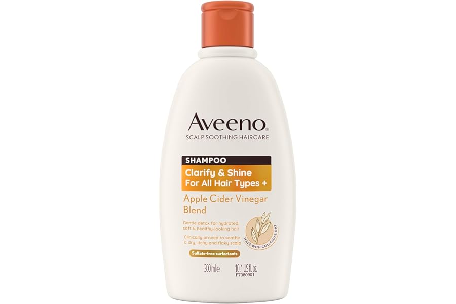 Aveeno Scalp Soothing Haircare Clarify & Shine Shampoo, Apple Cider Vinegar Blend, for All Hair Types, Soothes Dry, Itchy & Flaky Scalp, Clinically Proven, Sulfate Free, 300ml