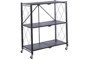 CATTERHOUSE Estantería Metálica Plegable Kim 84-71,5x36x84 cm Estantería de Almacenaje Color Negro con Ruedas y 3 Baldas Soporta hasta 120 kg