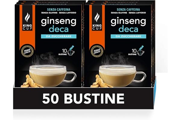 King Cup - 5 Paquets de 10 Sachets Solubles de Ginseng Deca Sans Sucre, 50 Stick de 6 Gr pour Boisson Aromatisée Ginseng à Ajouter à 60 ml d'Eau Chaude, Sans Gluten et Sans Lactose