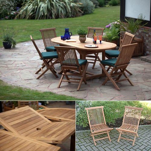 Humber Imports "The Nice 13 Piece Top Grade SVLK Compliant Teak Patio Outdoor Garden Dining Set With Extension Table & 6 Folding Chairs & Cushions 2018 Model