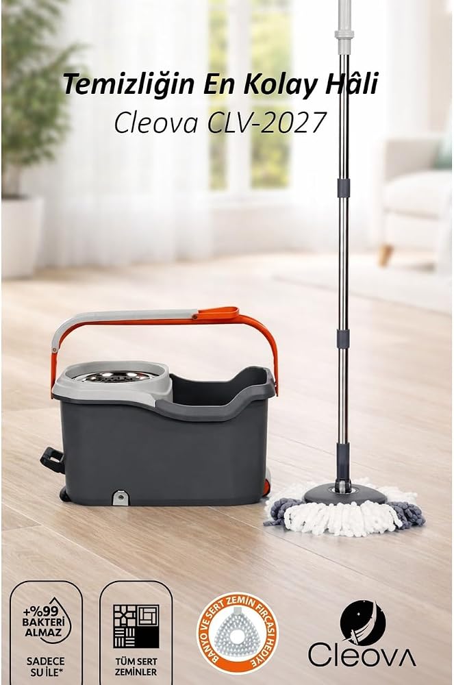 Cleova Cleanmate S2 Pedallı Mop Temizlik Seti Tekerlekli Kova Çıkarılabilir Çelik Sepet