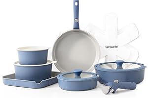 SENSARTE Set de Casseroles et Poêles 17 Pièces - Revêtement Céramique Antiadhésif Sans PFAS - Batterie de Cuisine pour Induction/Gaz, Poignées Amovibles, Empilable et Lavable Lave-Vaisselle