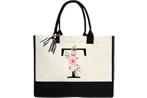 ZHONYEE Personalized Initial Canvas Tote Bag for Women,Monogrammed Gift Tote Bag Waterproof Lining Inside for Wedding, Birthday, Holiday, Teacher