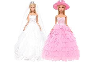 Miunana 2 Vestiti Per 30 CM / 11.5 Pollici Principessa Bambola = Sera Party Principessa Abbigliamento Abito Da Sposa Lungo Senza Spallini Con Corona E Velo + Abito A Scale Colore Di Rosa Con Cappello