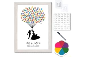 DIDART HANDMADE Libro de visitas. Personalizable. Lienzo para bodas. Marco Incluido. Sin Clavos. Cuadro de huellas Boda. Tamaño A3 con almohadilla de colores, rotulador, plantilla y soporte. (MODELO GLOBO)