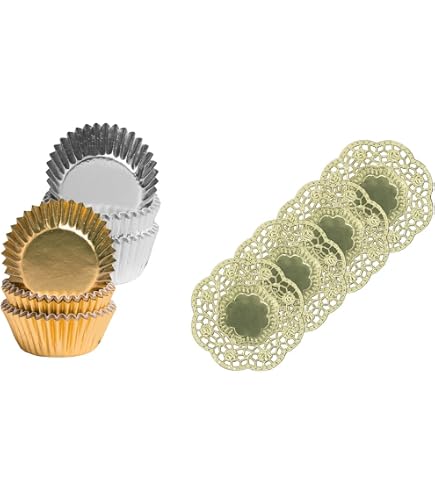 Demmler Set di 2 pirottini per muffin bianchi con cuori, 5 x 5 x 2,5 cm, 120 pezzi, inclusi 4 centrini dorati, Made in Germany