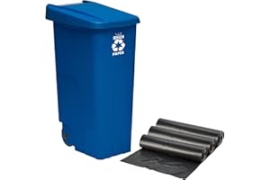 WELL HOME MOBILIARIO & DECORACIÓN Contenedor Wellhome Reciclo 110 litros, cerrado con tapa, ideal para reciclaje de papel y cartón, con ruedas + 3X Bolsas de basura de 10 unidades