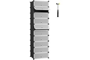 ‎SONGMICS SONGMICS Zamykany stojak na buty, prostokątny organizer, 10-szczelinowy modułowy regał do przechowywania DIY, każdy moduł 40 x 30 x 17 cm, szafa z tworzywa sztucznego z drzwiami, czarny LPC10HV1