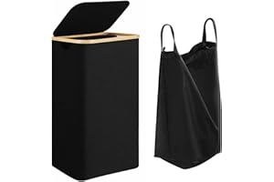 Qupzze Laundry Hamper with Lid, 110L Large Hampers for Laundry with Bamboo Handles and Removable Laundry Bag, Foldable Laundry Baskets with Lid for Bedroom Bathroom