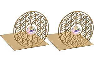 moses. Omm for You Buchstützen Kristall – dekoratives Buchständer Set aus Metall, mit Sonnenkristall und Blume des Lebens, Yoga-Deko im 2er Set, Gold