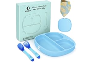 BEBOAN Baby Teller Mit Saugnapf, Silikon Saugplatte Set für Baby Kleinkinder und Kinder, Baby Tischset mit Saugnäpfen und Löffel+Gabel+Lätzchen, Tragbar BPA-freie Babyteller (blau)