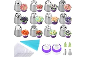 GOLRISEN Juego de Boquillas Rusas para Repostería, Incluye 12 Boquillas Rusas + 2 Boquillas en Forma de Hoja + 2 Adaptadores + 1 Manga Pastelera de Silicona + 10 Mangas Pasteleras Desechables