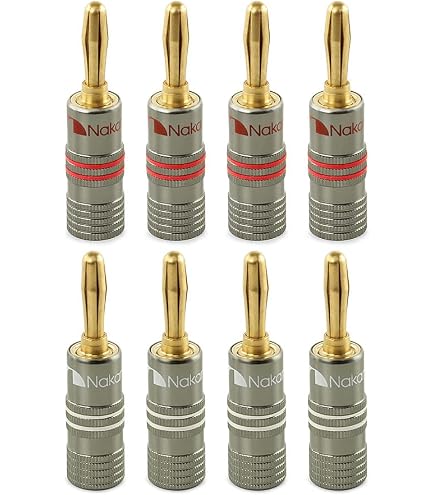 NEXMEX Connettore a banana High End con tubo termoretraibile, placcato oro 24 K, 8 pezzi (4 paia