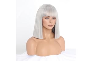 ‎SIMKAYLEE SIMKAYLEE Kurze Glatte Silber Bob Perücke mit Pony Damen Kurz Gerade Bob Silber Perrücke für Frauen Schulter Länge Perücken für Karneval Fasching Motto Party Halloween Cosplay Weihnachten (30cm)