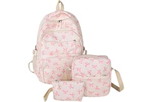 KNAEE 3-Piece Bow Backpack Set for Girls, Preppy Daypack & Shoulder Bag Handbags, Kawaii School Bags Floral Preppy Backpack, Kawaii Bow Nylon Rucksack, For Teen, College, Primary and Secondary