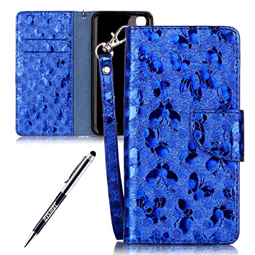 LG X Style Case, LG X Style Cover, JAWSEU LG X Style Wallet Case Luxury Butterfly Premium PU Leather Flip Cover for LG X Style Protector Bumper Skin with Soft Silicone Case Credit ID Card Slots Magnetic Closure Kickstand Strap Wallet Pouch Smartphone Shell Protective Phone Case for LG X Style + Stylus Pen - Butterfly, Blue