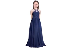 IEFIEL Enfant Filles Robe De Mariage Princesse Dentelle Longue Robe De Soirée Cocktail sans Manches Robe Bustier Baptême Demoiselle Honneur Fête Taille Haute 4-16 Ans