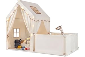 GOPLUS Kinderzelt groß mit Spielbereich, 2-in-1 Innen-Spielhaus mit Hof, Sternenlichter, Waschbarem Kissen, Tür, Vorhänge, Fenster, Spielzelt für 4-5 Jungen & Mädchen ab 3 Jahren (Beige)