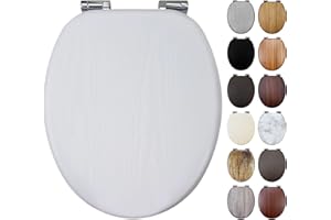 Fanmitrk White Wood Toilet Seat with Soft Close Adjustable Solid Hinges, MDF Wooden Oval Toilet Seat (White Wood)