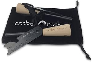 Ember Rock Survival Fire Steel Premium Magnesio Ferrocium Rod Firesteel Incluye Flint Striker Multi Herramienta y Mango de Madera Grueso para Agarre Essential Fire Starter Camping Survival Kit