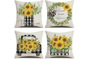 KSSKEN Fundas Cojines 45x45cm, Juego de 4 Fundas de Cojines Algodón Lino Decorativa Hogar Almohadas Fundas para Sala Sofá Cama Decoración - Girasol
