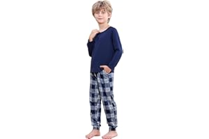 Comfyouth Schlafanzug Jungen Langarm Zweiteiliger Schlafanzüge mit 2 Taschen Winter Kinder Pyjama Set Langärmeliges Shirt und Karierte Hose mit Kordelzug für Jungen 6-16 Jahre