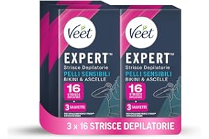 Veet Expert Strisce Depilatorie Ascelle e Zona Bikini, Ceretta per Pelli Sensibili con Olio di Mandorla, Dermatologicamente Testate, 3 Confezioni da 8x2 Strisce + 9 Salviette Post-Epilazione
