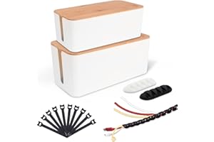 Caja Cables - Pack 2, HASA zone Caja con Tapa para Esconder Cables, Caja Cables Organizador Incluye Fundas en Recoge Cables, Bridas para Cables y Pinzas para Cables