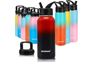 WATMHHJQ Borraccia Termica 1000ML, con Cannuccia, Isolamento Sottovuoto, Bottiglia 1 litro Acciaio, senza BPA, Borracce Termiche per Campeggio Scuola Ciclismo -con 2 Coperchi (rosso-nero)