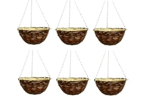 Fyne-Finds Set of 6, 30cm 12Inch Dark Brown Wicker Hanging Basket Lined Rattan Willow Weatherproof Planter