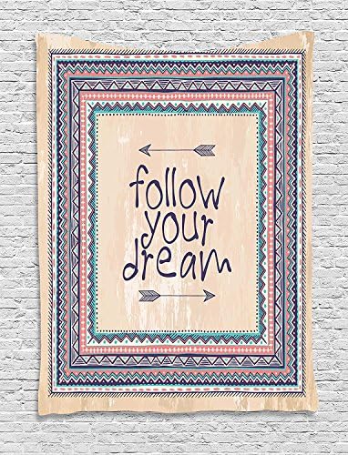 ufdinhaha Tribal Decor Tapestry, Inspirational Quote Follow your Dream and Arrows Aztec Framed Graphic Art, Wall Hanging for Bedroom Living Room Dorm, 40 W x 60 L Inches, Tan Coral Blue