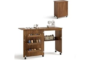 GIANTEX Armario de Costura Plegable con 5 Ruedas, Mesa de Coser con 3 Compartimentos y 1 Estante, Mueble para Máquina de Coser, Mesa Multifuncional para Manualidades, Ordenador (Marrón)