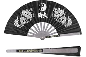 LEOPACAT Large Folding Hand Fan, Stainless Steel Tai Chi Martial Arts Handheld Fan Written Kung Fu Dual Dragons Dance Practice Training Performance Fans Chinese Style for Men Women Decorations Festival