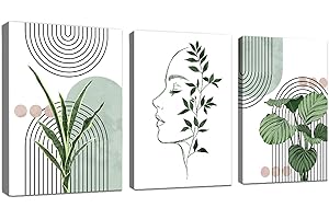 WENGTIAO 3 Panels Boho Sage Green Plants Canvas Wall Art Prints Framed Pictures Aesthetic Geometric Line Painting on Canvas Living Room Bedroom Home Wall Decor Ready to Hang 40x60 cmx3