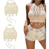 PALAY® Women's Summer Beach Backless Crochet Halter Bikini Crop Top Crochet Hollow Out Tassle Embroidery Knit Boho Beachwear