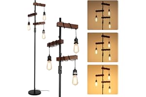 Rayofly Industrial Dimmable Floor Lamps, Farmhouse 3-Lights Wooden Standing Lamp, Vintage Tree Tall Light, E27 LED, Metal Black Brown Floor Lamp for Living Room, Bedroom, Sofa, Corner, Rustic Home