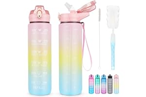 AOHAN Butelka na wodę ze słomką 1 l, sportowa, z oznaczeniem czasu, nietoksyczna, plastikowa, PCTG szczelna, motywacyjna, ze szczotką do czyszczenia, do aktywności na świeżym powietrzu