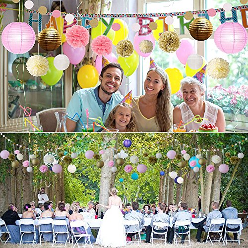 16 Stk Party Deko Set Papier Pompoms Laterne und Girlande (Hellbeige + Rosa + Gold) Rund Lampions Dekoration Pompons für Hochzeit Geburtstag Taufe Weihnachten - 7