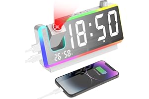 Cuteefun Reloj Proyector Techo, 7 Pulgadas Despertador Digital, Luz Nocturna RGB De 8 Modos, Proyector De 180 °, Doble Alarma, Puerto USB Doble, Temperatura y Humedad, 3 Niveles de Brillos, Blanco