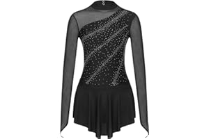 Oyolan Femme Justaucorps Robe Danse Patinage Gymnastique Strass Brillant Leotard Manches Longues Costume Spectacle S-XXL