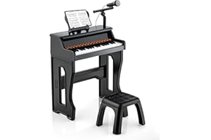 COSTWAY Klawiatura dla dzieci z 37 przyciskami, elektroniczna klawiatura dla dzieci z taboretem, regulowanym mikrofonem i stojakiem na nuty, klawiatura fortepianowa dla dzieci od 3 lat (czarna)