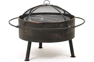 Trueshopping Round Fire Pit Bowl with BBQ Grill, Spark Guard Lid & Fire Poker - Cast Iron Patio Wood or Charcoal Burner for Heater & BBQ - Multifunctional Outdoor Fire Pits for Garden, Patio & Beach