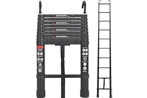 Exleiter Aluminum Telescoping Ladder, 2.9M/9.5FT Portable Extension Ladder with 2 Detachable Hooks Extendable Folding Anti-Slip Loft Ladder with Certificate EN 131, Black