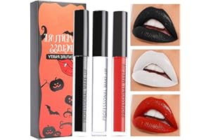 MORNERY 3Pcs Balck White Red Liquid Lipstick Set- Gothic Lipstick/Black Lip Stain/High Pigment Velvet Lip Gloss Lip Stick Makeup for Halloween Cosplay Party Christmas (Set A)